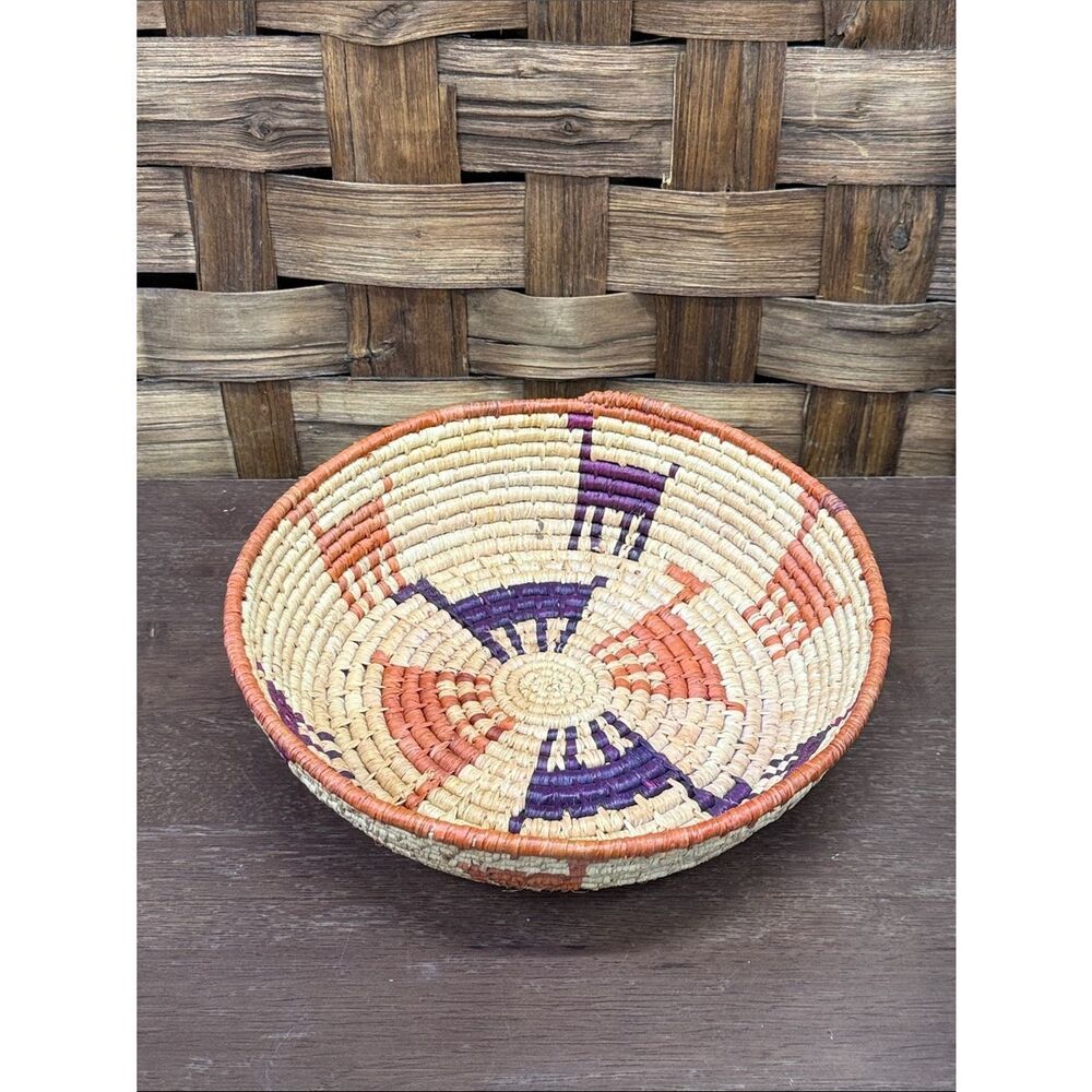 Vintage Handwoven Navajo Decorative Basket in Natural, Orange, and Purple